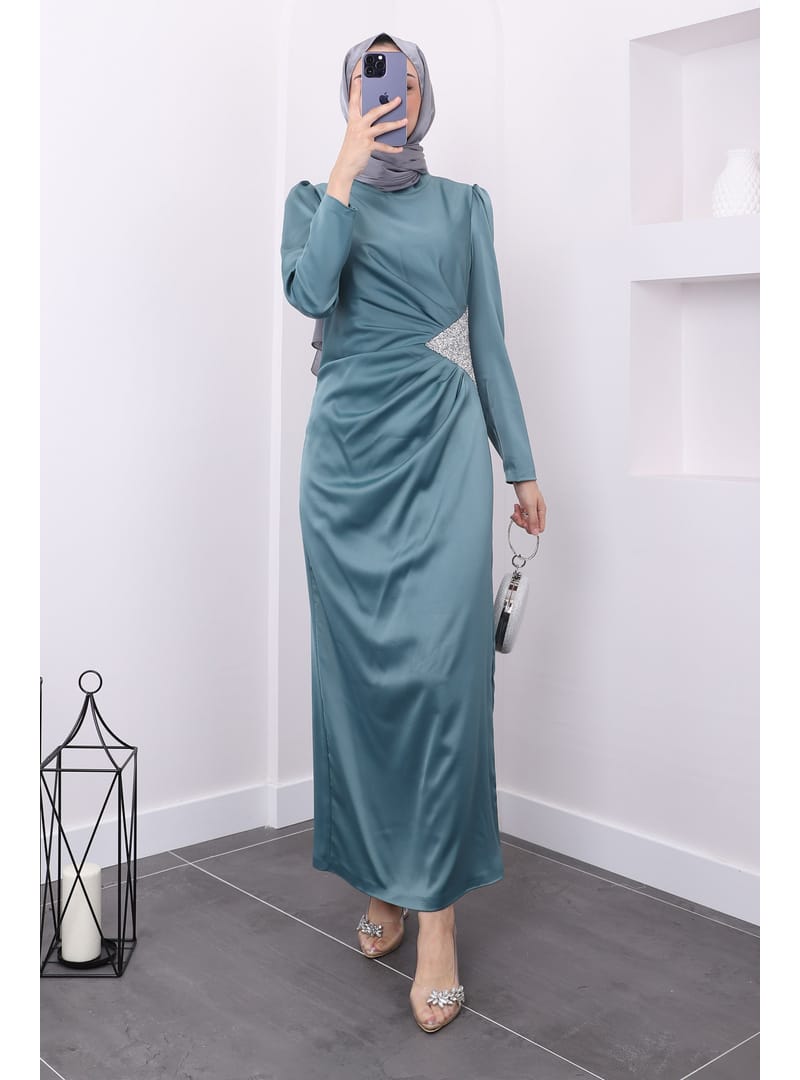 Mint Taş Detaylı Saten Abiye - Resim 4