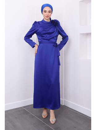 Saks Ön Detaylı Bronşlu Saten Abiye