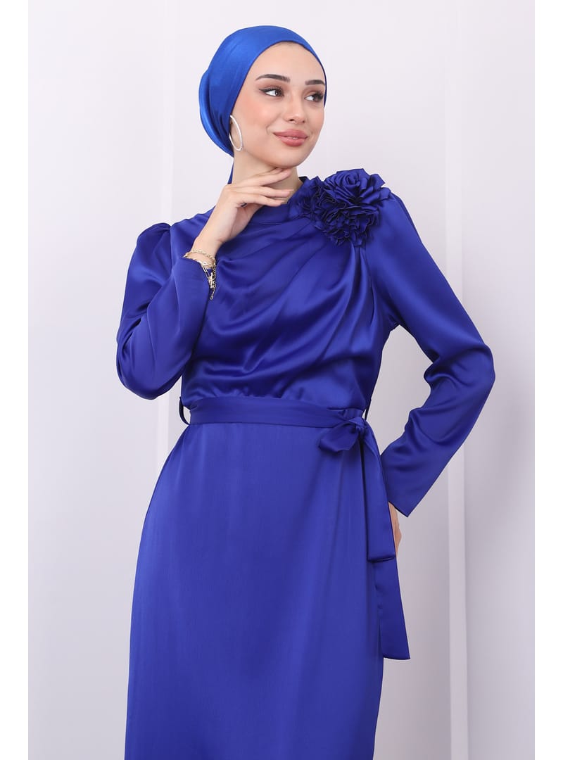 Saks Ön Detaylı Bronşlu Saten Abiye - Resim 4