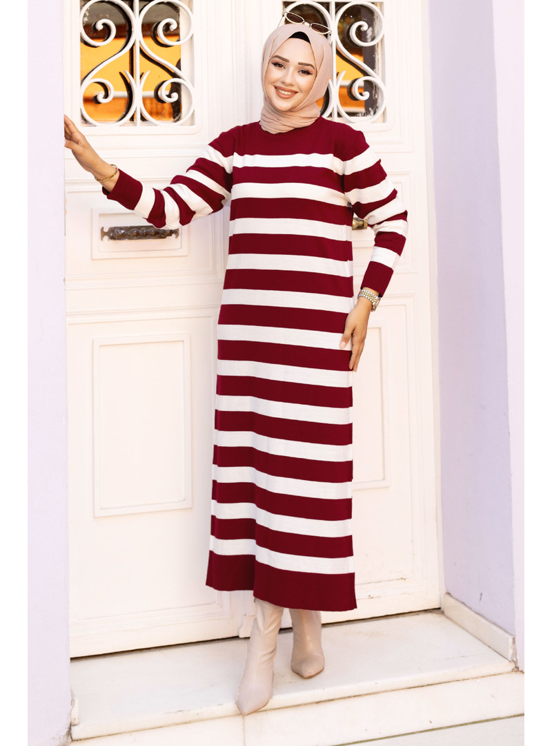 Çizgili Triko Elbise TSD240719 Bordo - Resim 3