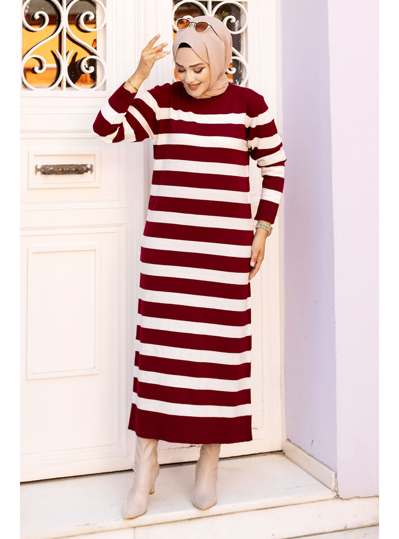Çizgili Triko Elbise TSD240719 Bordo - Resim 4
