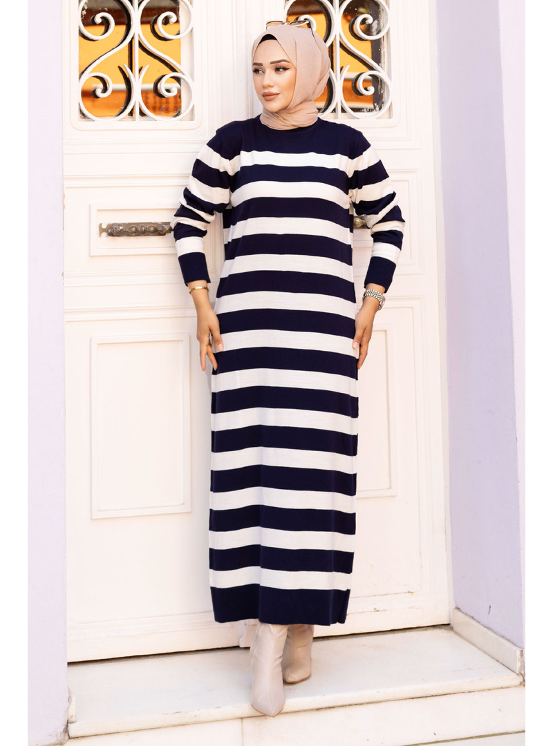 Çizgili Triko Elbise TSD240719 Lacivert - Resim 3