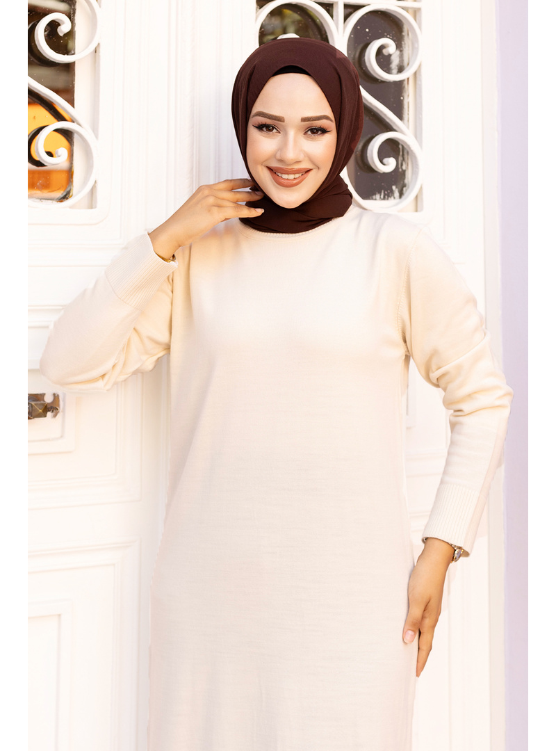 Bisiklet Yaka Triko Elbise TSD240720 Bej - Resim 2