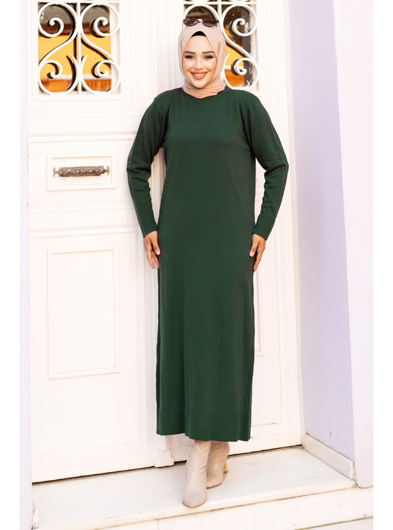 Bisiklet Yaka Triko Elbise TSD240720 Zümrüt Yeşili - Resim 4