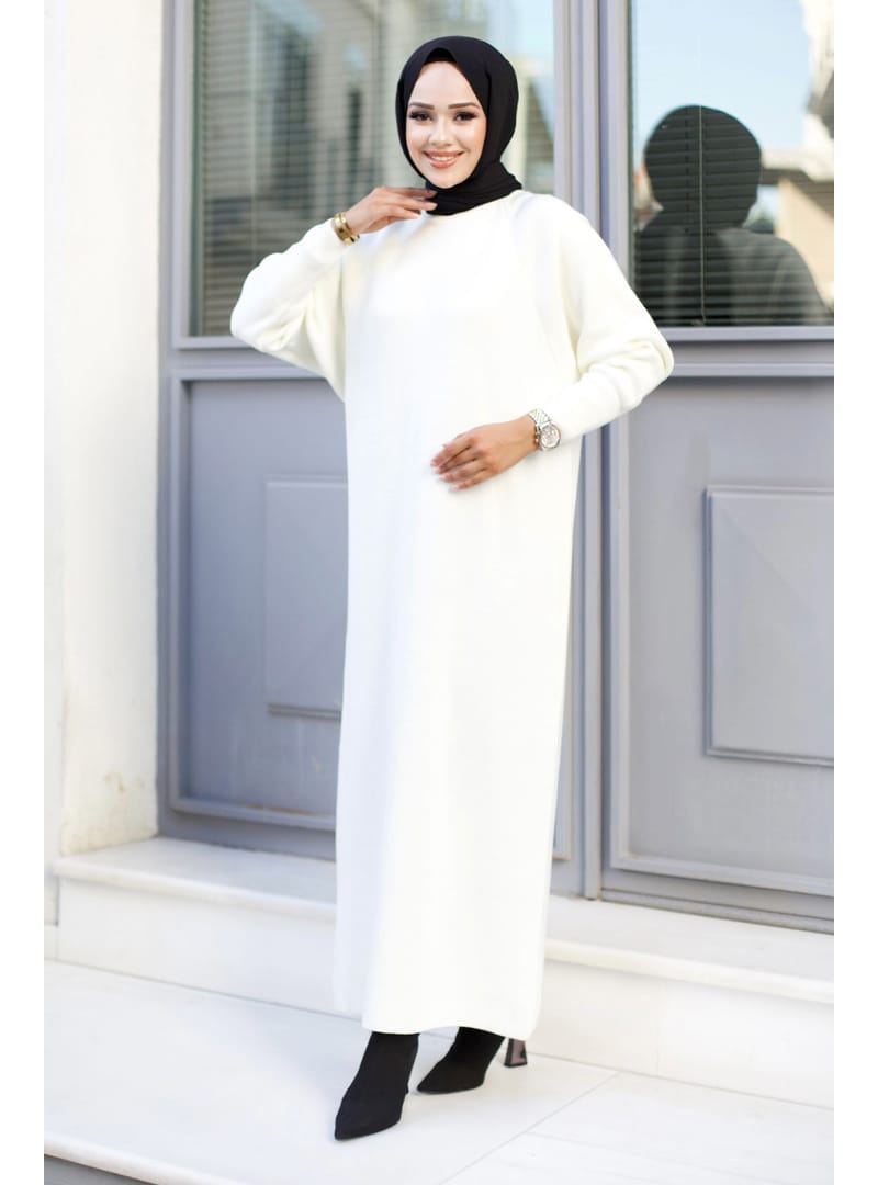 Reglan Kol Triko Elbise TSD240725 Beyaz - Resim 3