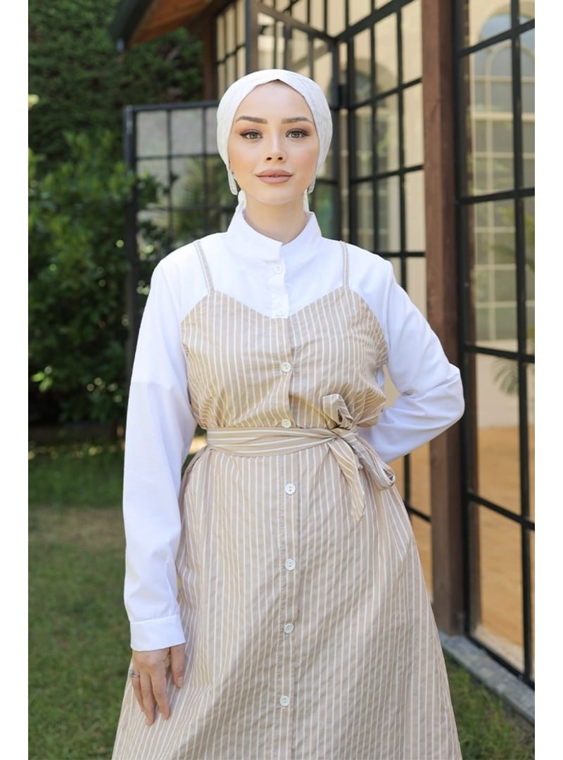 Ayser Çizgili Elbise 1190 - Vizon - Resim 2