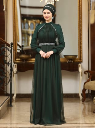 Tesettür Abiye Elbise - Zumrut yesili - Azra Design