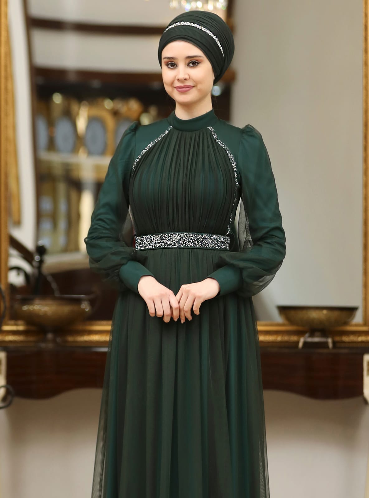 Tesettür Abiye Elbise - Zumrut yesili - Azra Design - Resim 4