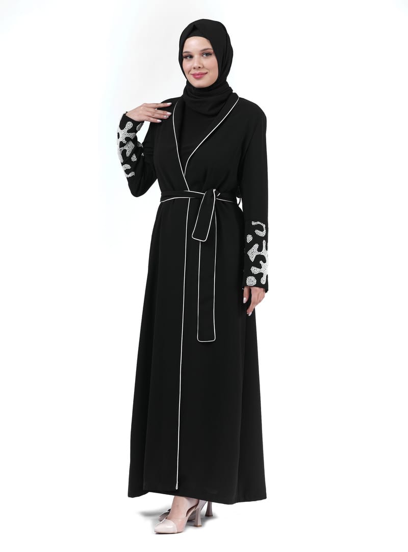 İki Parça Kol Ucu Boncuklu Tesettür Abaya Siyah 24378 Siyah - Resim 2