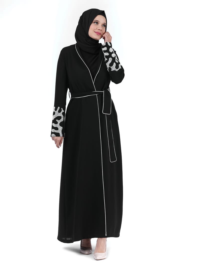 İki Parça Kol Ucu Boncuklu Tesettür Abaya Siyah 24378 Siyah - Resim 3
