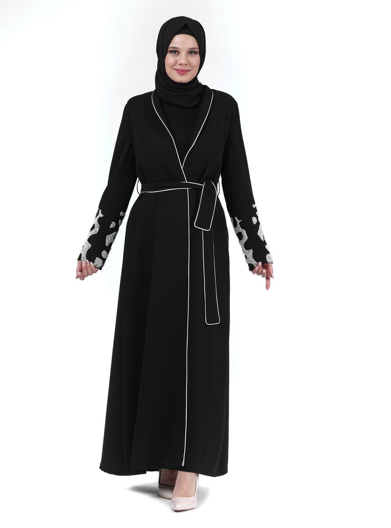 İki Parça Kol Ucu Boncuklu Tesettür Abaya Siyah 24378 Siyah - Resim 4