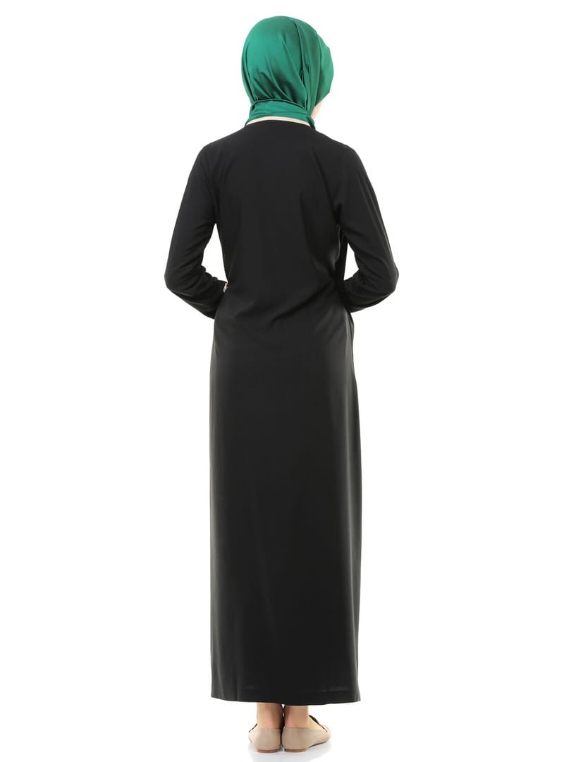 Kadın Biyeli Kruvaze Yaka Pamuklu Viskon Yandan Bağlamalı Namaz Elbisesi Siyah Siyah - Resim 3