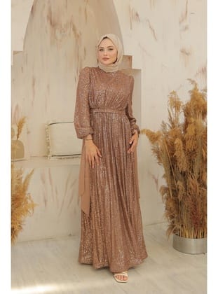 Tesettür Arven Payetli Abiye Camel