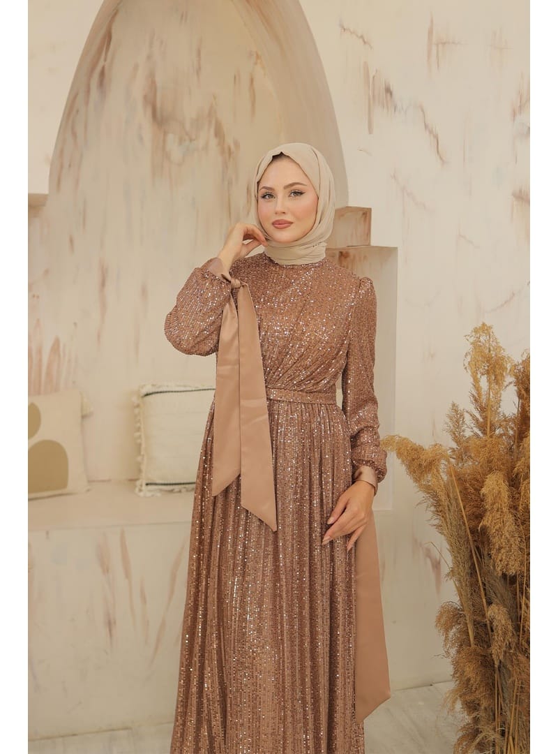 Tesettür Arven Payetli Abiye Camel - Resim 2