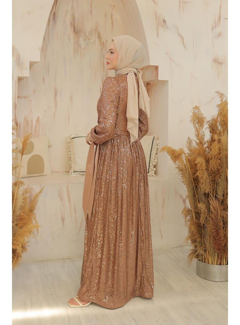 Tesettür Arven Payetli Abiye Camel - Resim 4