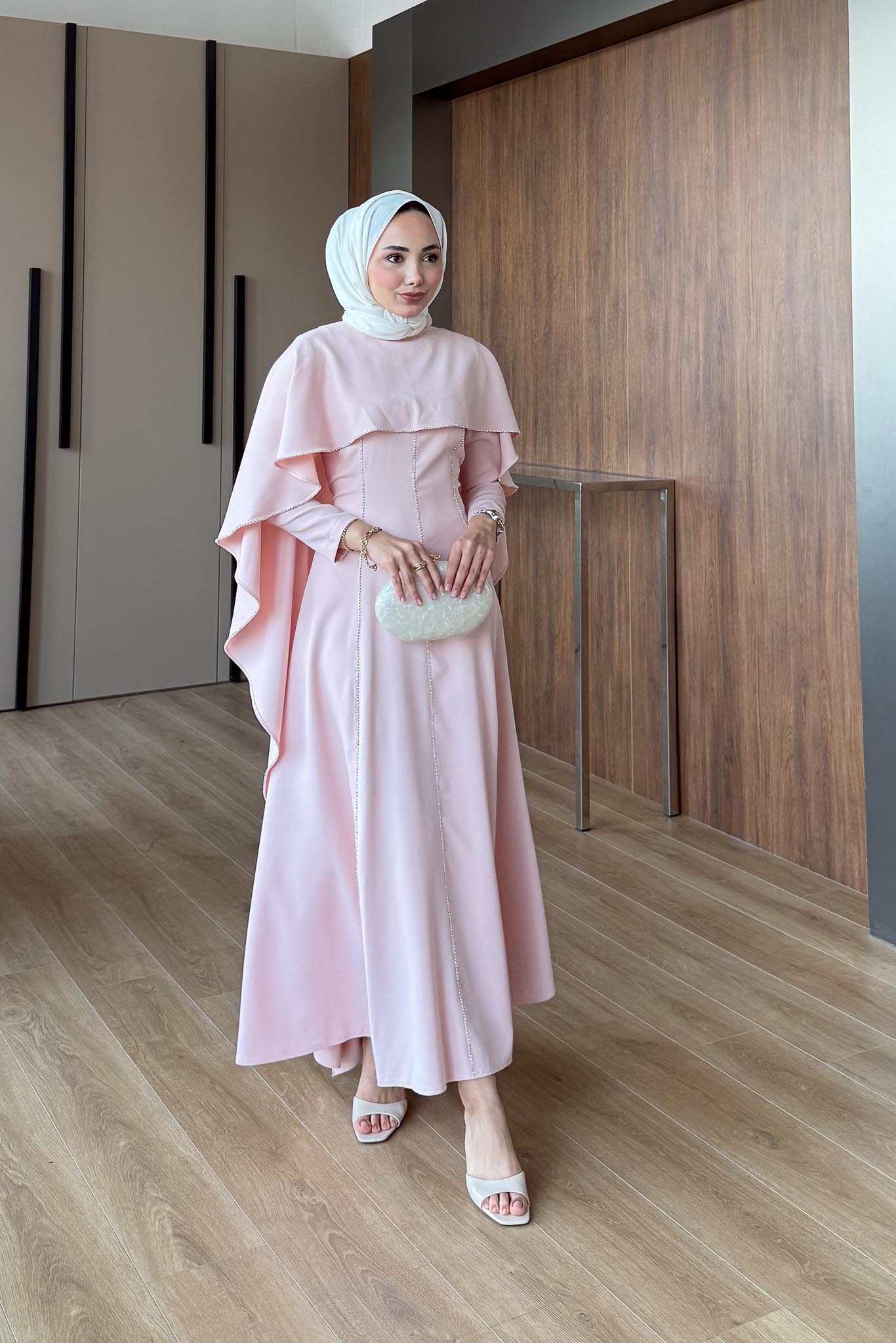 Riva Pelerin Taş Detaylı Elbise Pembe