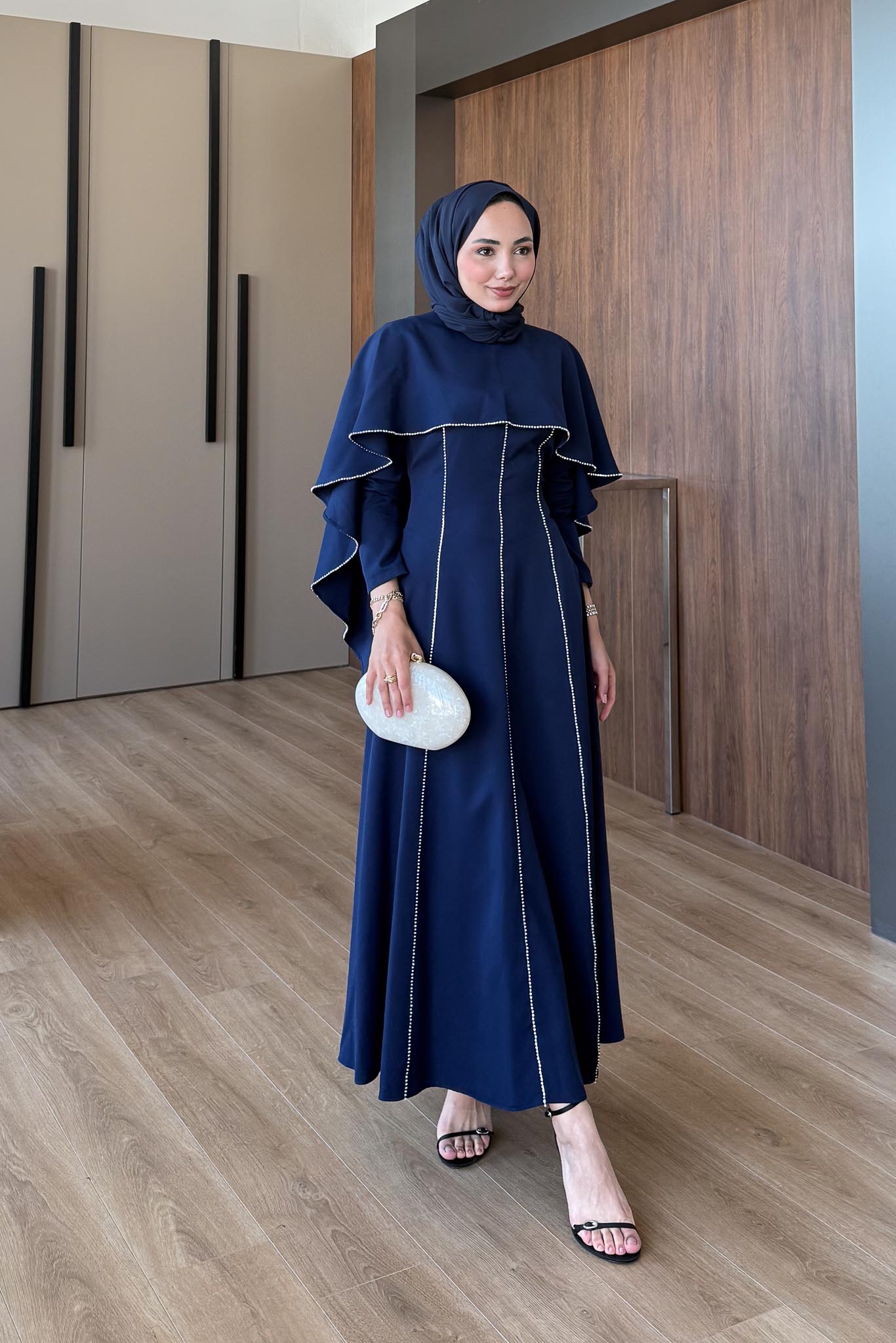 Riva Pelerin Taş Detaylı Elbise Lacivert - Resim 2