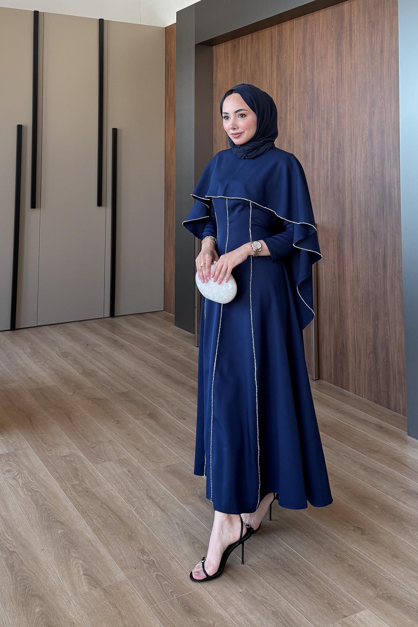 Riva Pelerin Taş Detaylı Elbise Lacivert - Resim 4