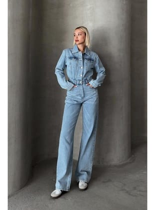 Gömlek Yaka Düğmeli Denim Tulum AÇIK MAVİ 9248