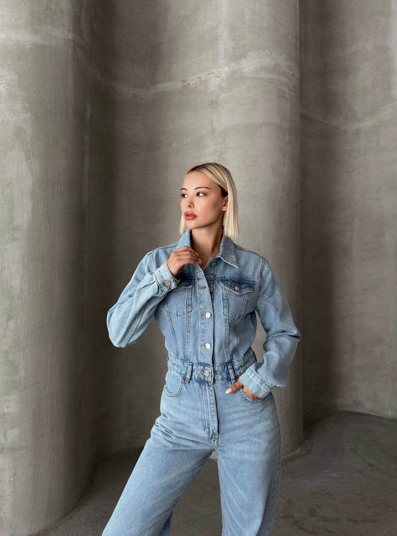 Gömlek Yaka Düğmeli Denim Tulum AÇIK MAVİ 9248 - Resim 2