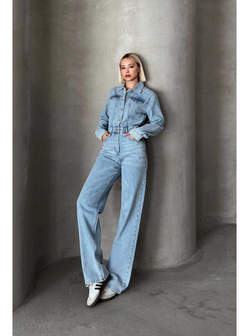 Gömlek Yaka Düğmeli Denim Tulum AÇIK MAVİ 9248 - Resim 3