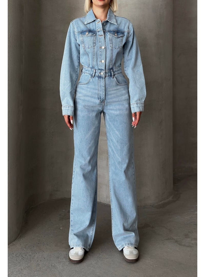 Gömlek Yaka Düğmeli Denim Tulum AÇIK MAVİ 9248 - Resim 4