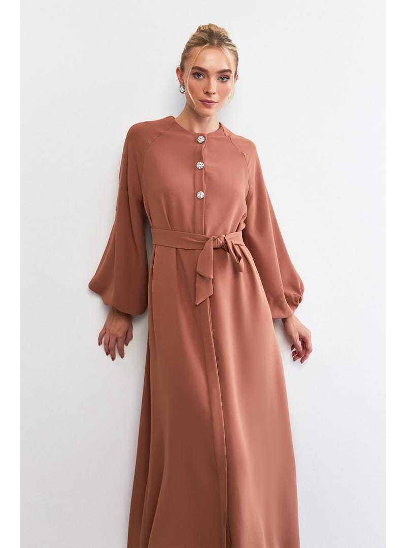 Balon Kol Düğmeli Abaya Elbise - Camel - Resim 2