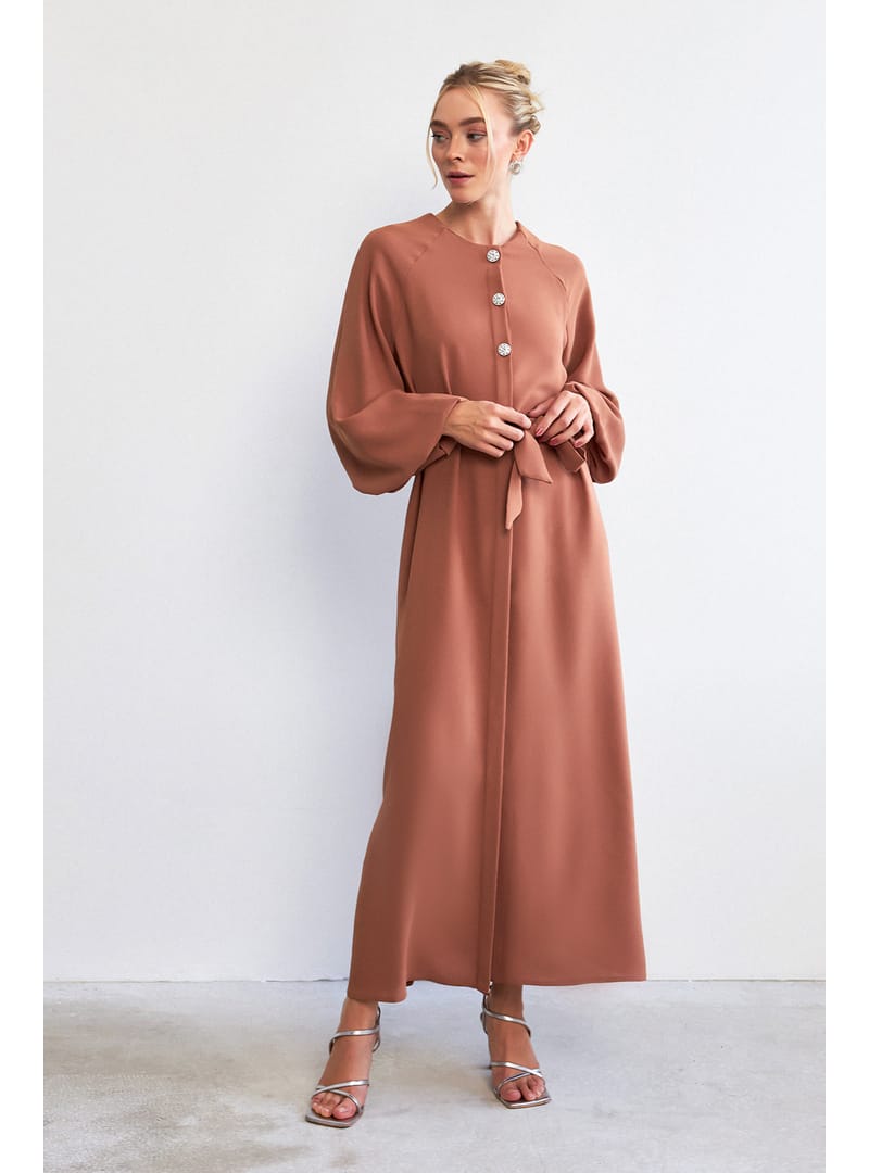 Balon Kol Düğmeli Abaya Elbise - Camel - Resim 3
