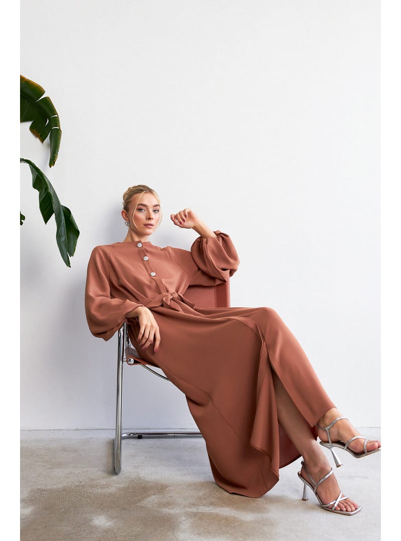 Balon Kol Düğmeli Abaya Elbise - Camel - Resim 4