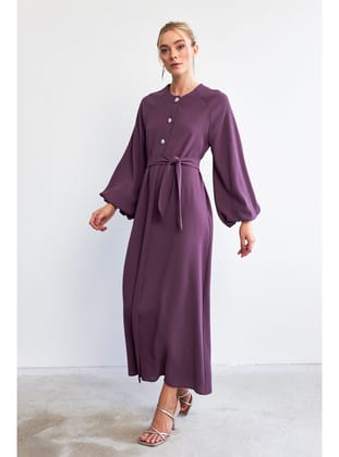 Balon Kol Düğmeli Abaya Elbise - Leylak