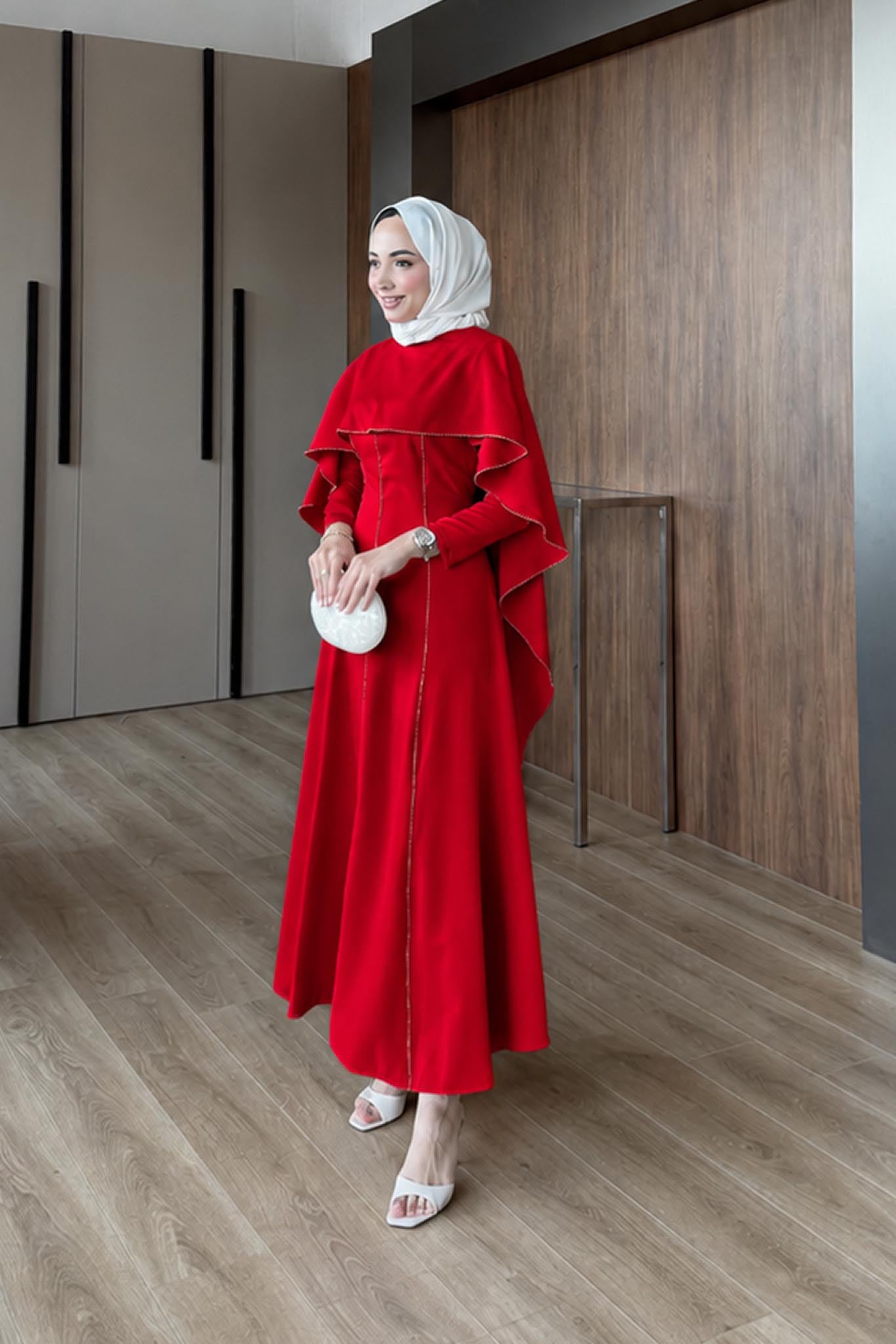 Riva Pelerin Taş Detaylı Elbise Kırmızı - Resim 3