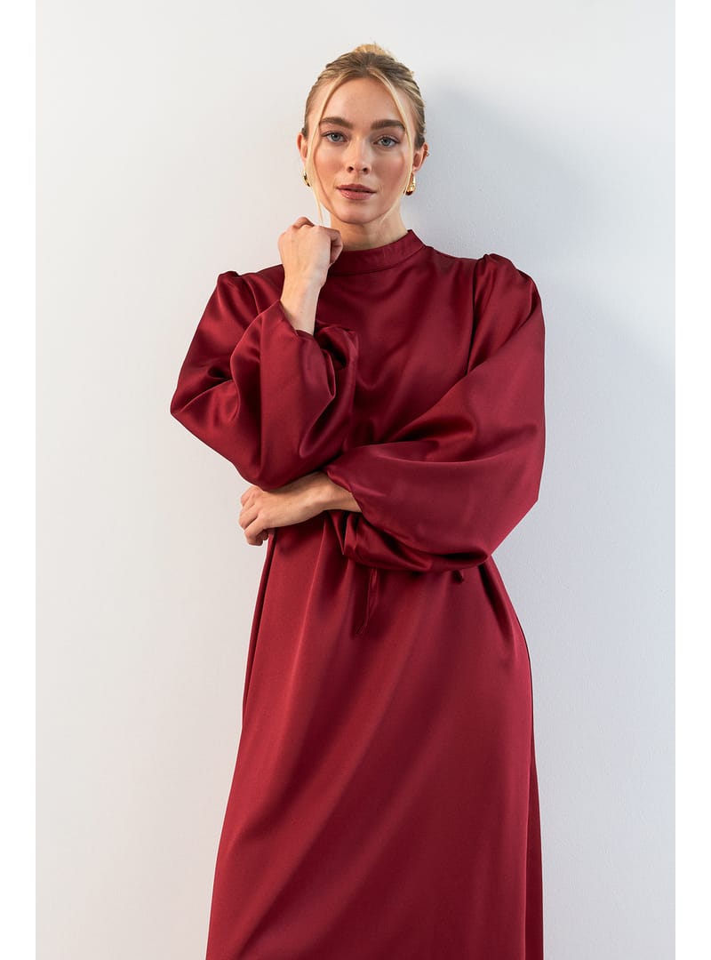 Balon Kol Saten Abiye Elbise - Bordo - Resim 2