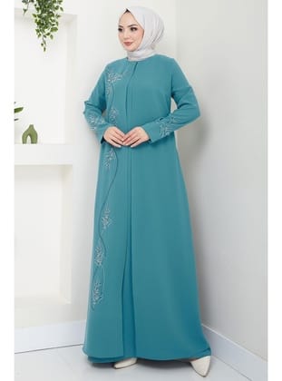 Büyük Beden Yaprak Taşlı Anne Elbisesi Mint HM2350