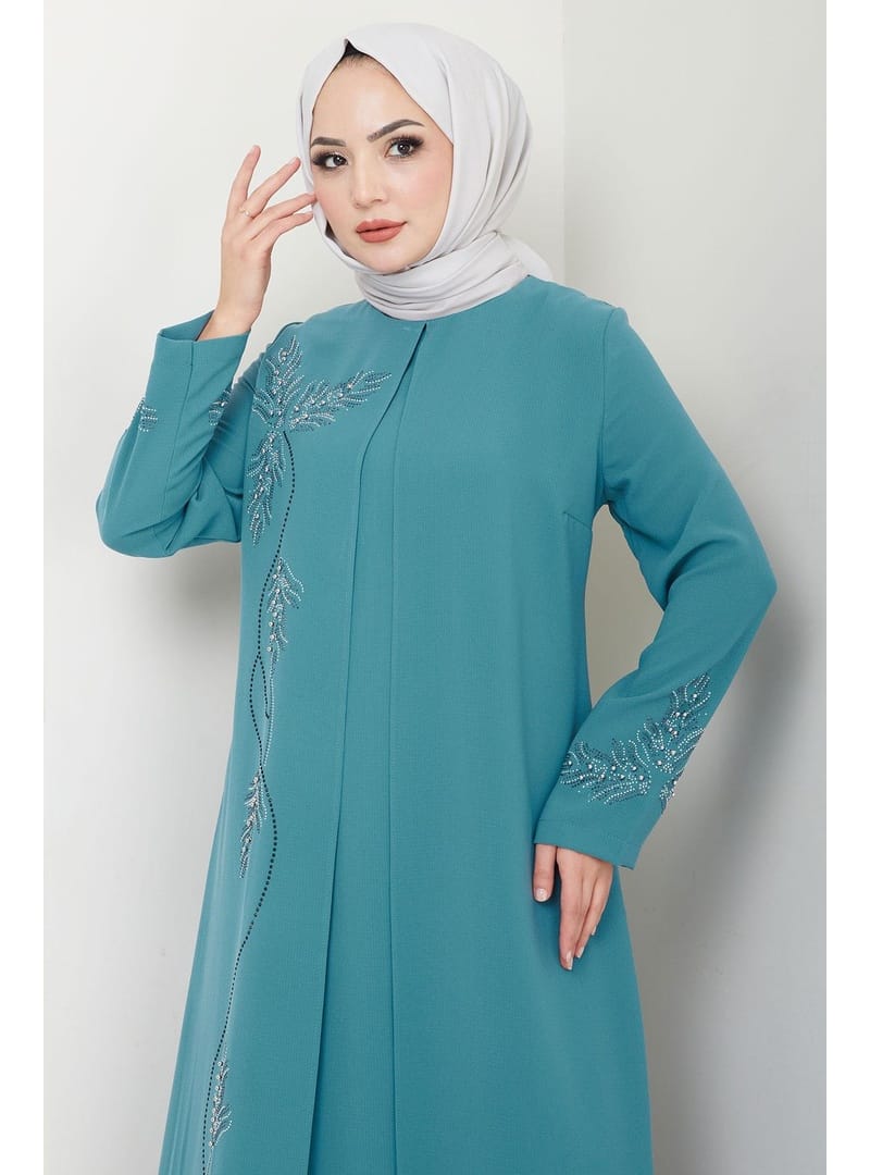 Büyük Beden Yaprak Taşlı Anne Elbisesi Mint HM2350 - Resim 2