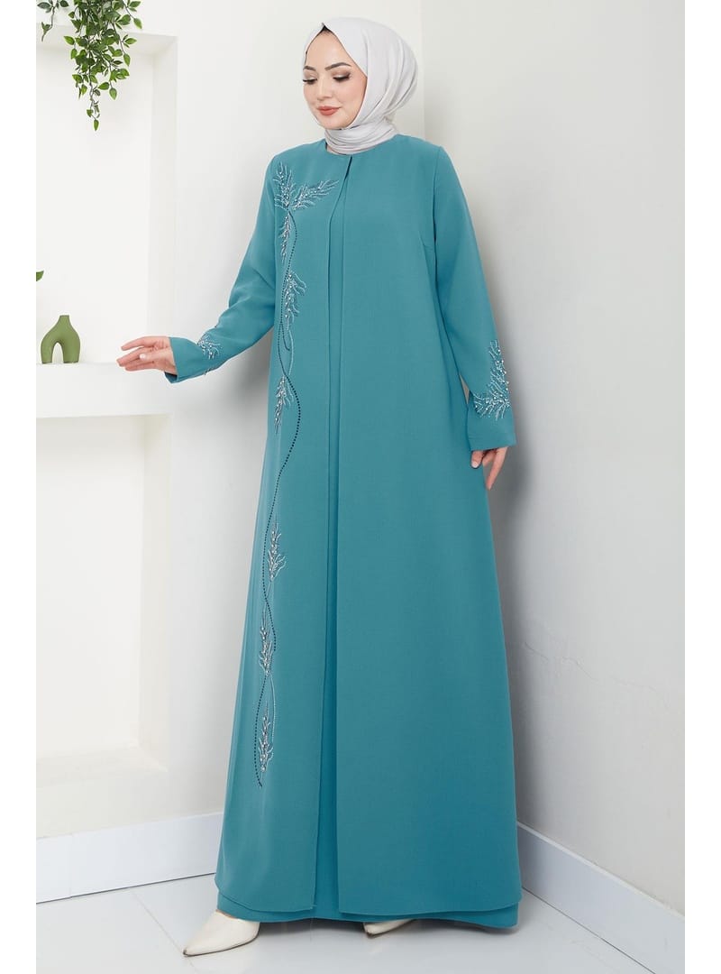 Büyük Beden Yaprak Taşlı Anne Elbisesi Mint HM2350 - Resim 3