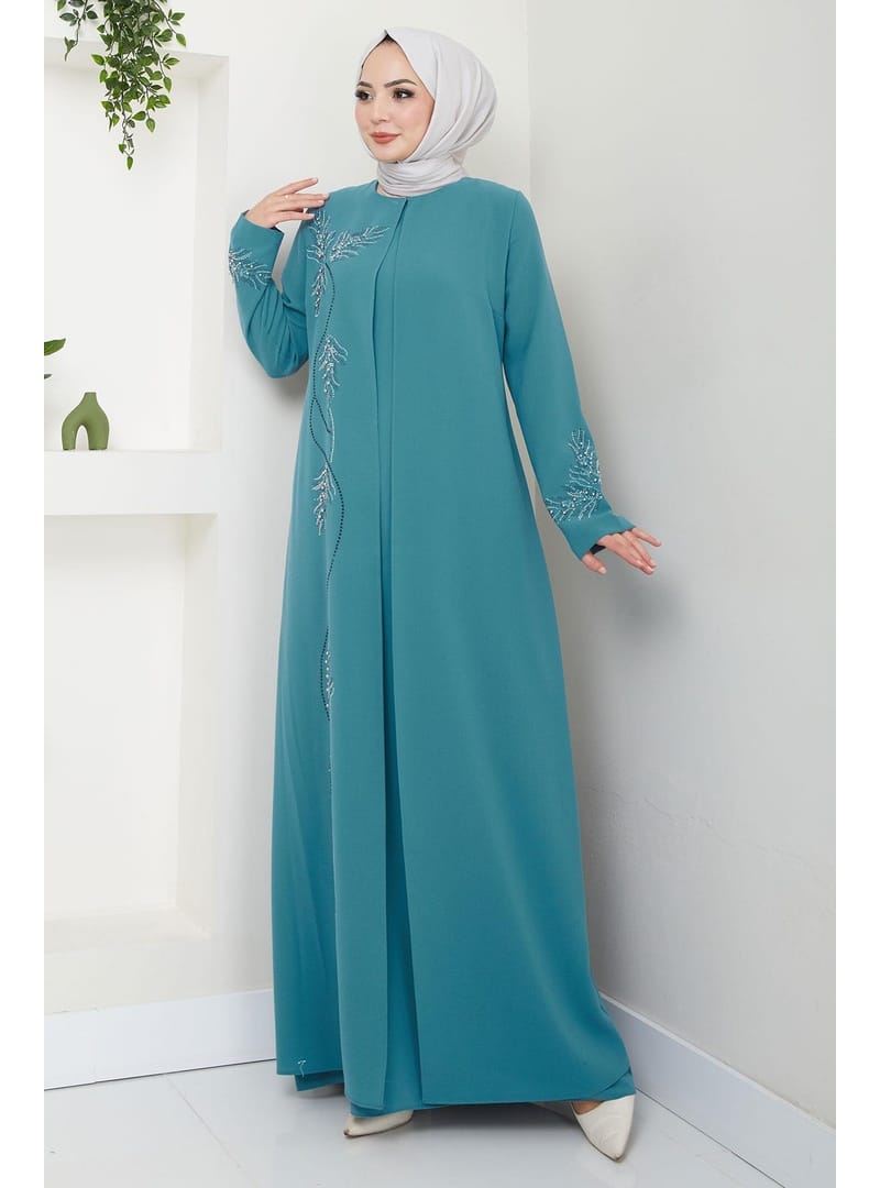 Büyük Beden Yaprak Taşlı Anne Elbisesi Mint HM2350 - Resim 4