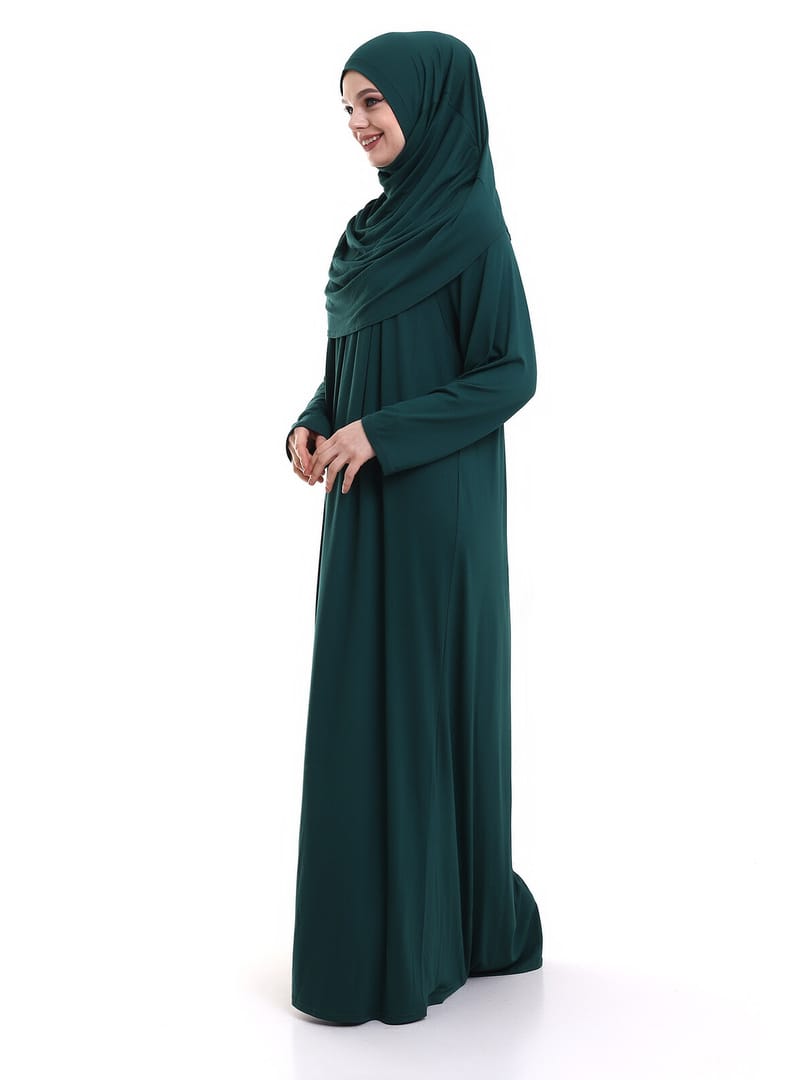 Tek Parça Pratik Başörtülü Robalı Namaz Elbisesi 8015 Zümrüt Yeşili Yeşil - Resim 4