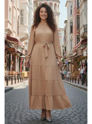 Düğmeli Kabartma Desenli Elbise Bej 2120
