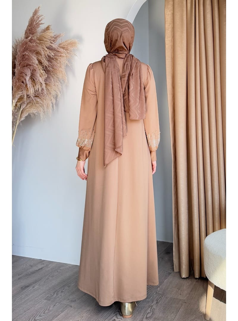 Taşlı İncili Camel Scuba Elbise - Resim 4