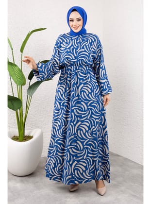 Desenli Beli Lastikli Viskon Elbise TSD250102 İndigo