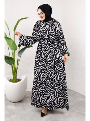 Desenli Beli Lastikli Viskon Elbise TSD250102 Siyah
