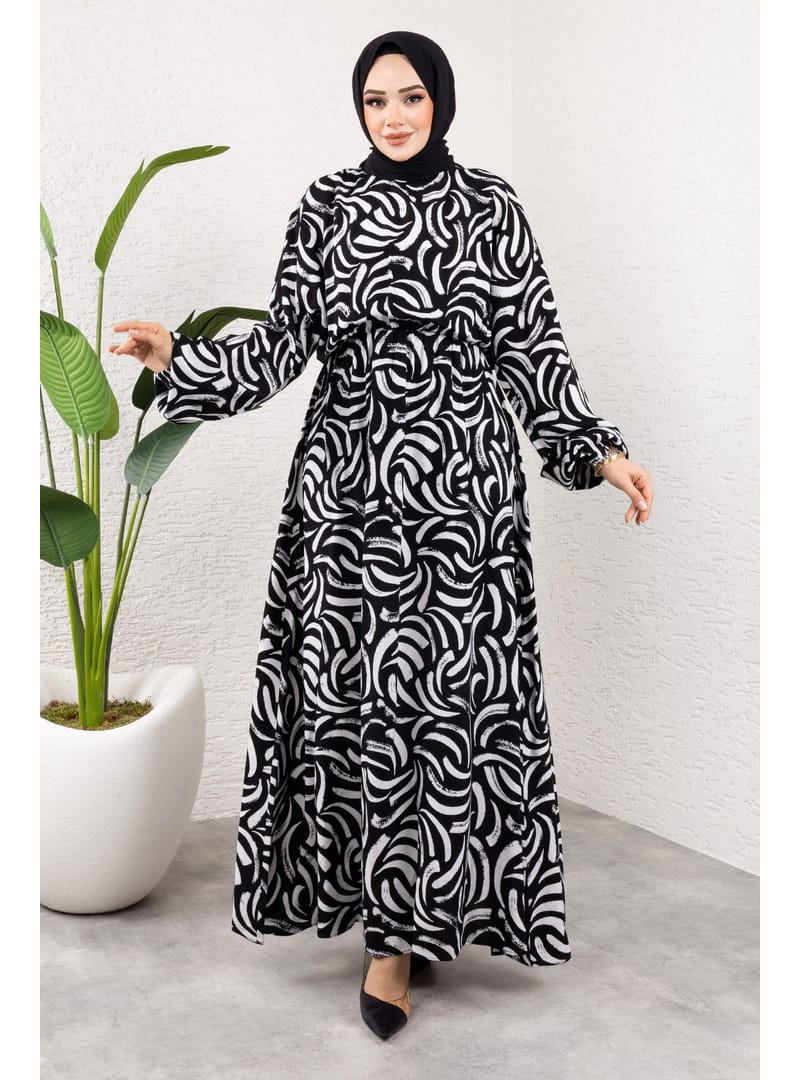 Desenli Beli Lastikli Viskon Elbise TSD250102 Siyah - Resim 3