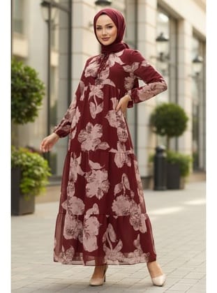 Çiçek Desen Şifon Elbise 1351 - Bordo