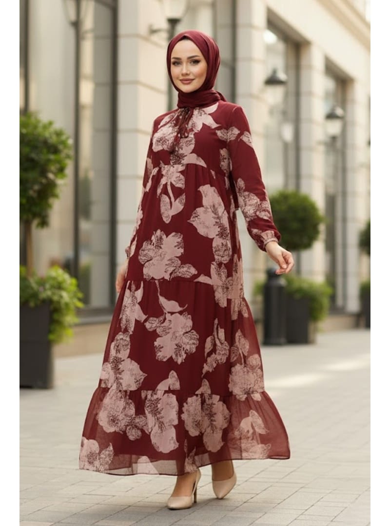 Çiçek Desen Şifon Elbise 1351 - Bordo - Resim 2