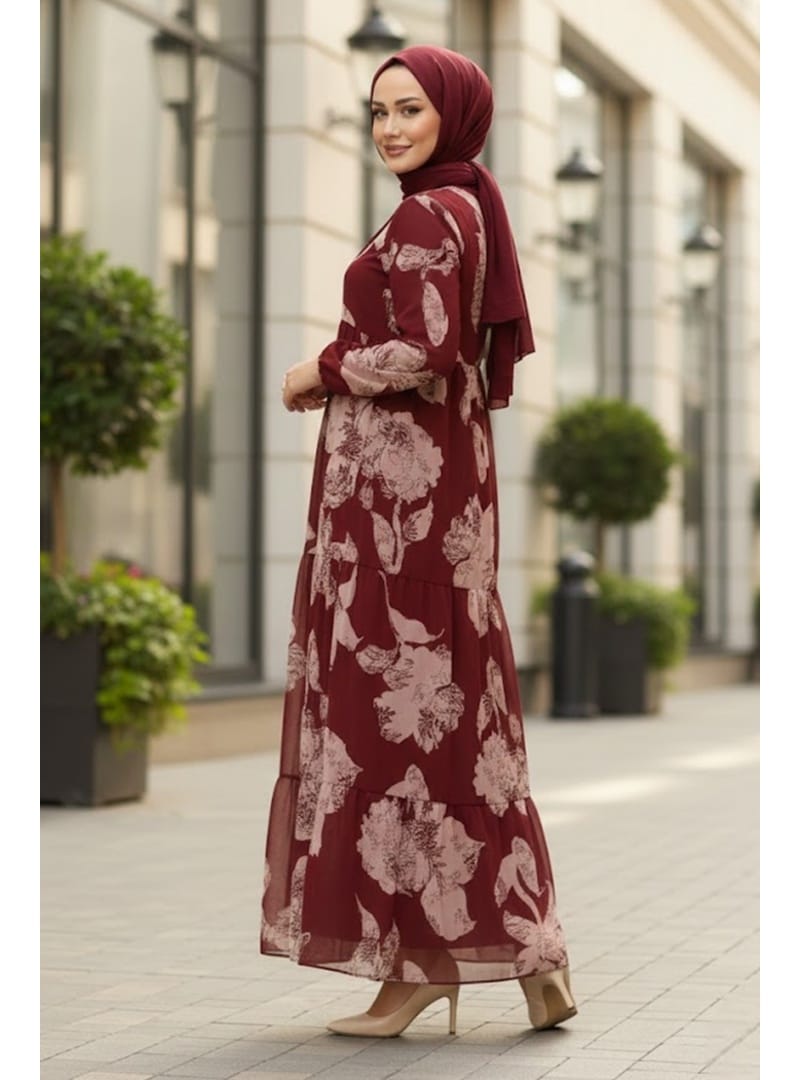 Çiçek Desen Şifon Elbise 1351 - Bordo - Resim 3
