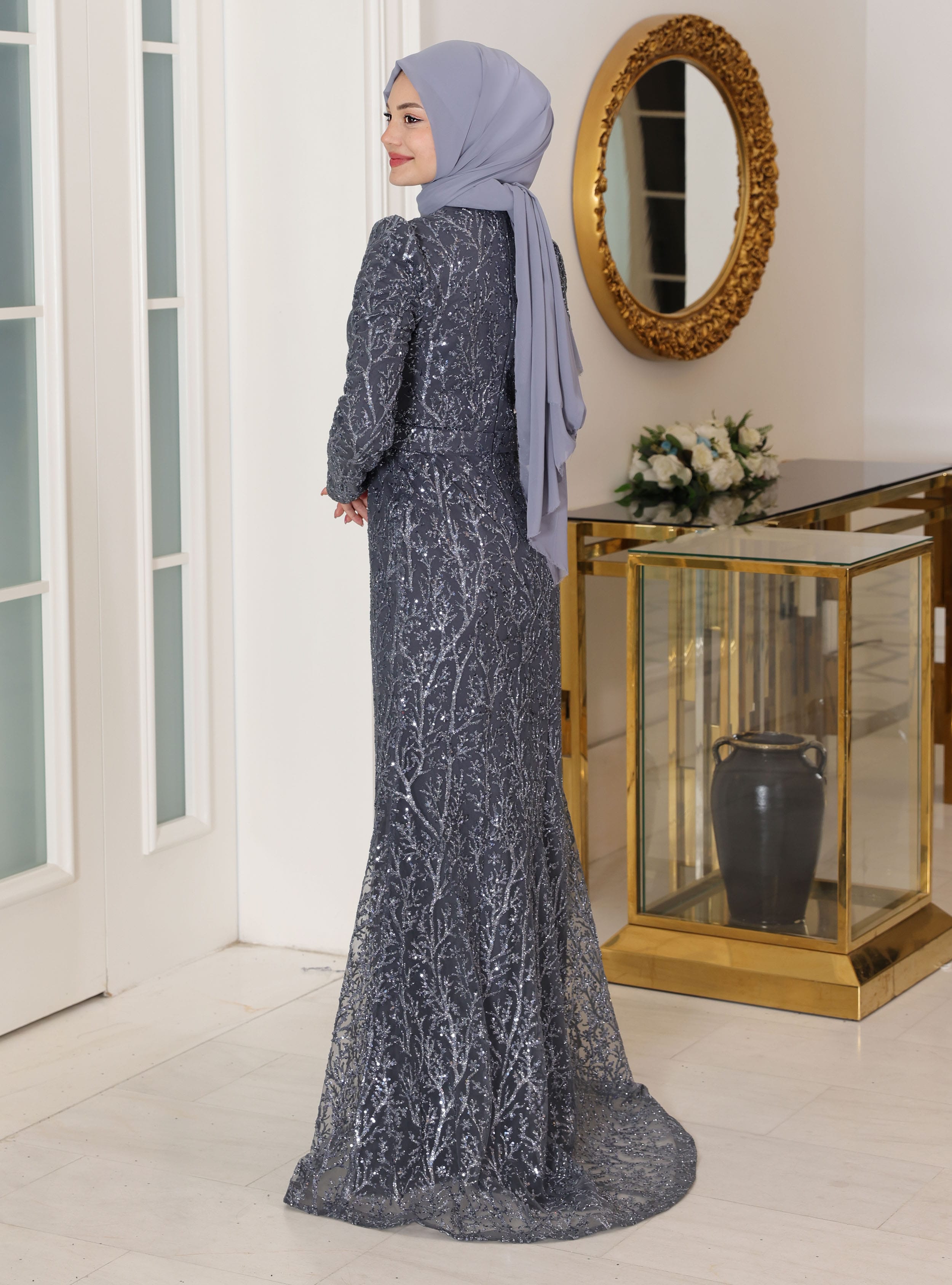Tuana Tesettür Abiye Elbise - Antrasit - Azra Design - Resim 3