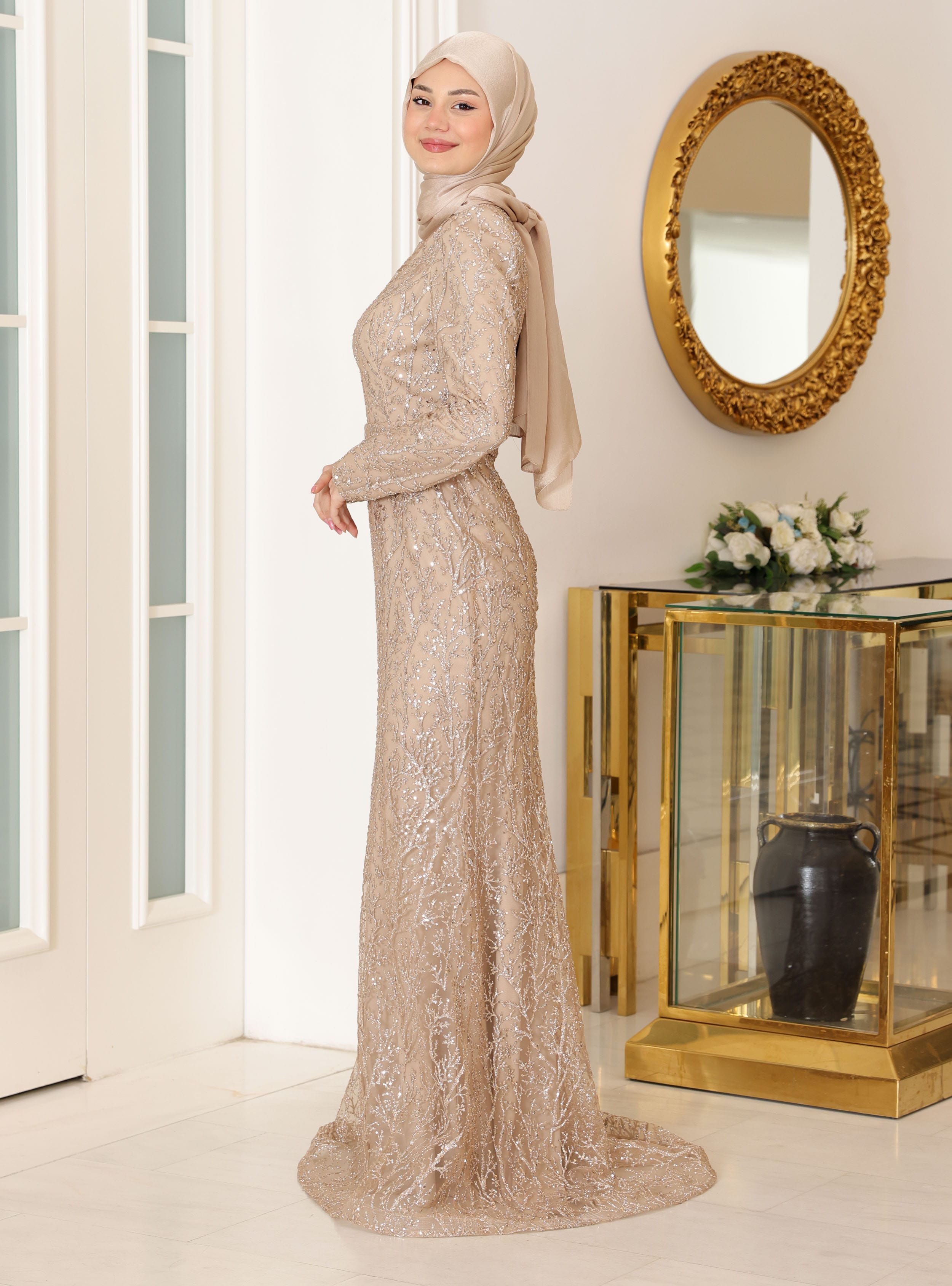 Tuana Tesettür Abiye Elbise - Gold Rengi - Azra Design - Resim 3