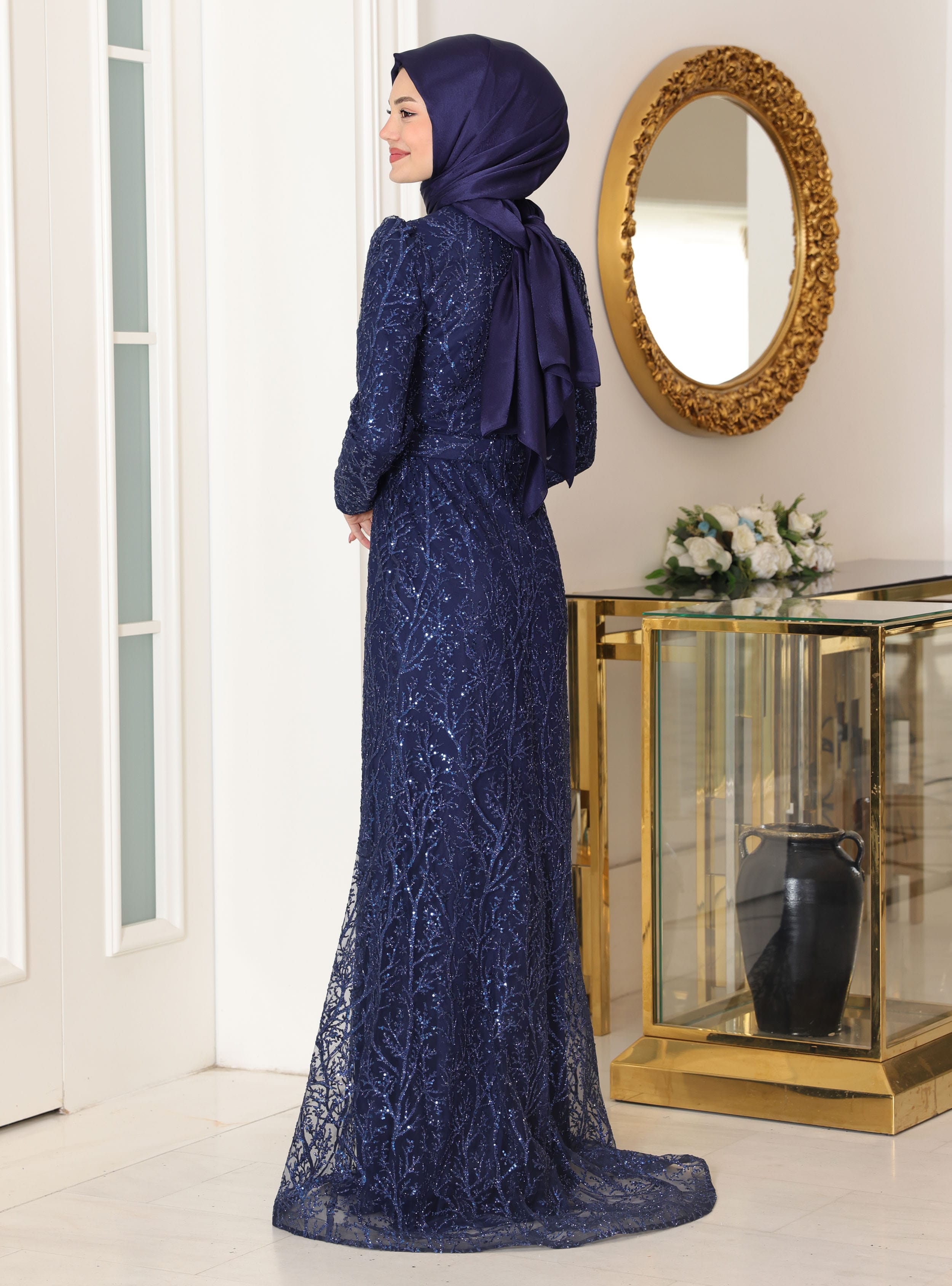 Tuana Tesettür Abiye Elbise - Lacivert - Azra Design - Resim 3