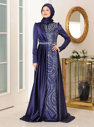 Mihrimah Tesettür Abiye Elbise -Lacivert - Azra Design