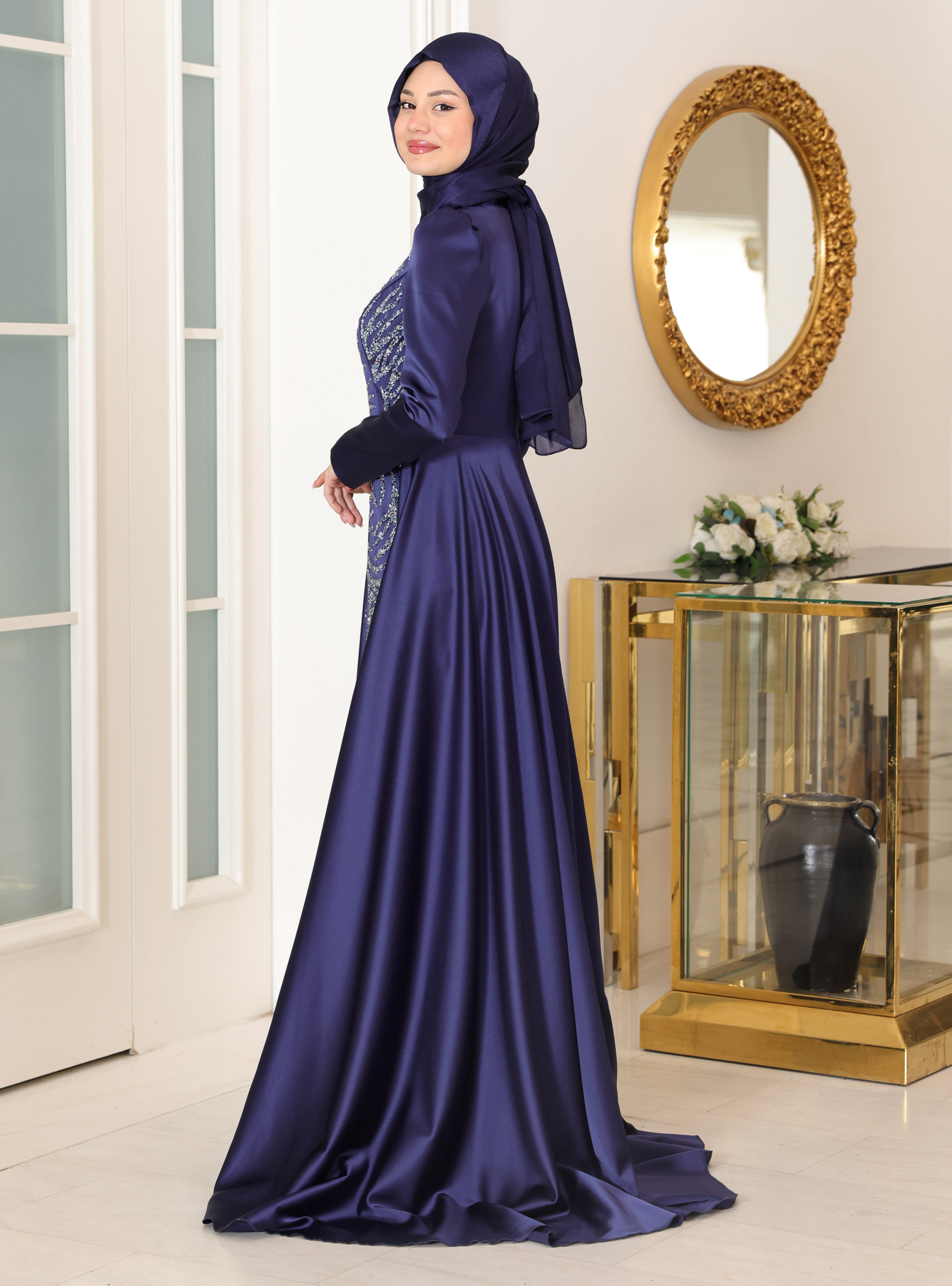 Mihrimah Tesettür Abiye Elbise -Lacivert - Azra Design - Resim 3
